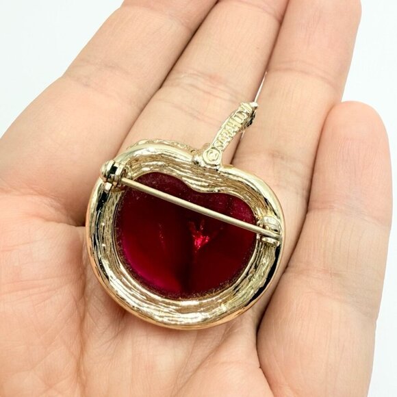 Vintage Five Red Gold Tone Enamel Strawberry Jelly Cherry Heart Brooches Lot - Picture 4 of 12